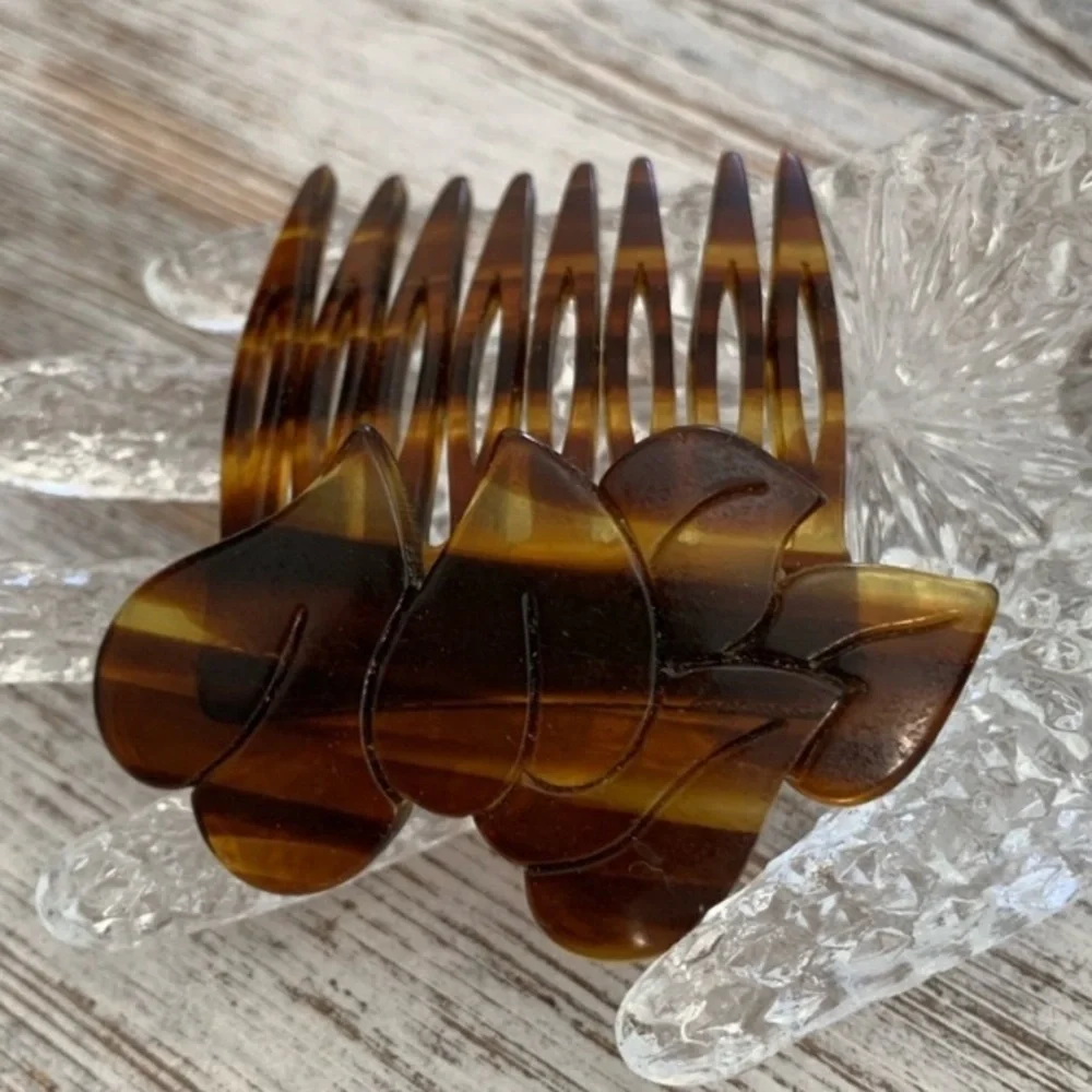 Vintage Signed France Faux Carved Tortoise Shell Celluloid Designer Hair Comb